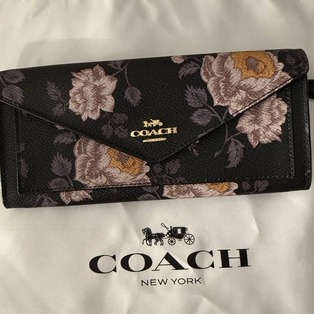 Coach Soft Wallet Black with Garden Rose Print